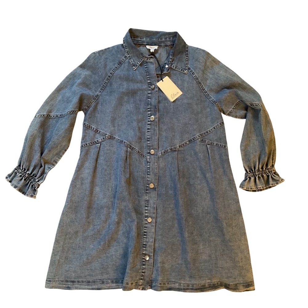 Elan Denim Mini Dress Medium Wash Button Down Smocked Ruffle Cuff Womens M NEW